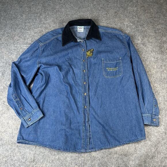 Vintage Dr. Seuss The Grinch Embroidered Denim Button Down Shirt XL Corduroy - Picture 1 of 9